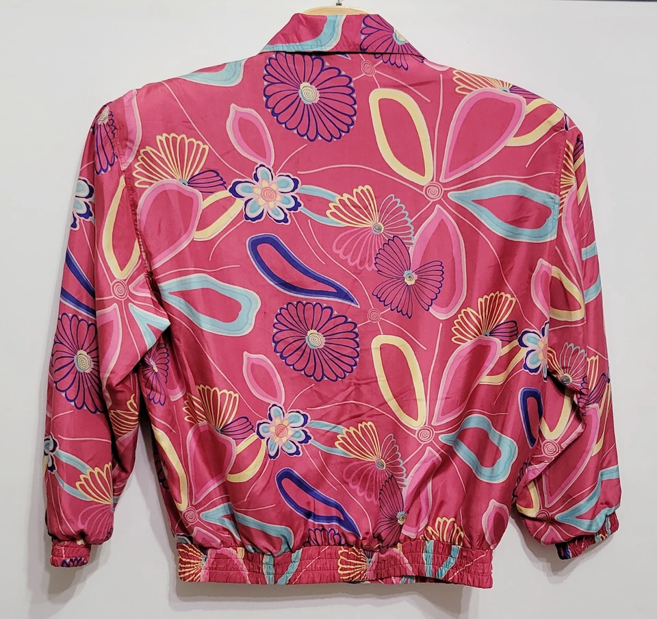 Chaqueta FUDA International Seda Cremallera Completa Rosa Púrpura Floral Flores De Colección Talla XL Foto 4 de 4