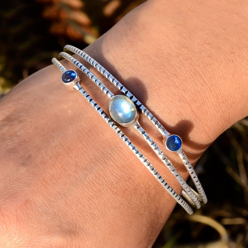 Bracelet Manchette Argent Sterling 925 - Pierre De Lune Naturelle - Fait Main Inde