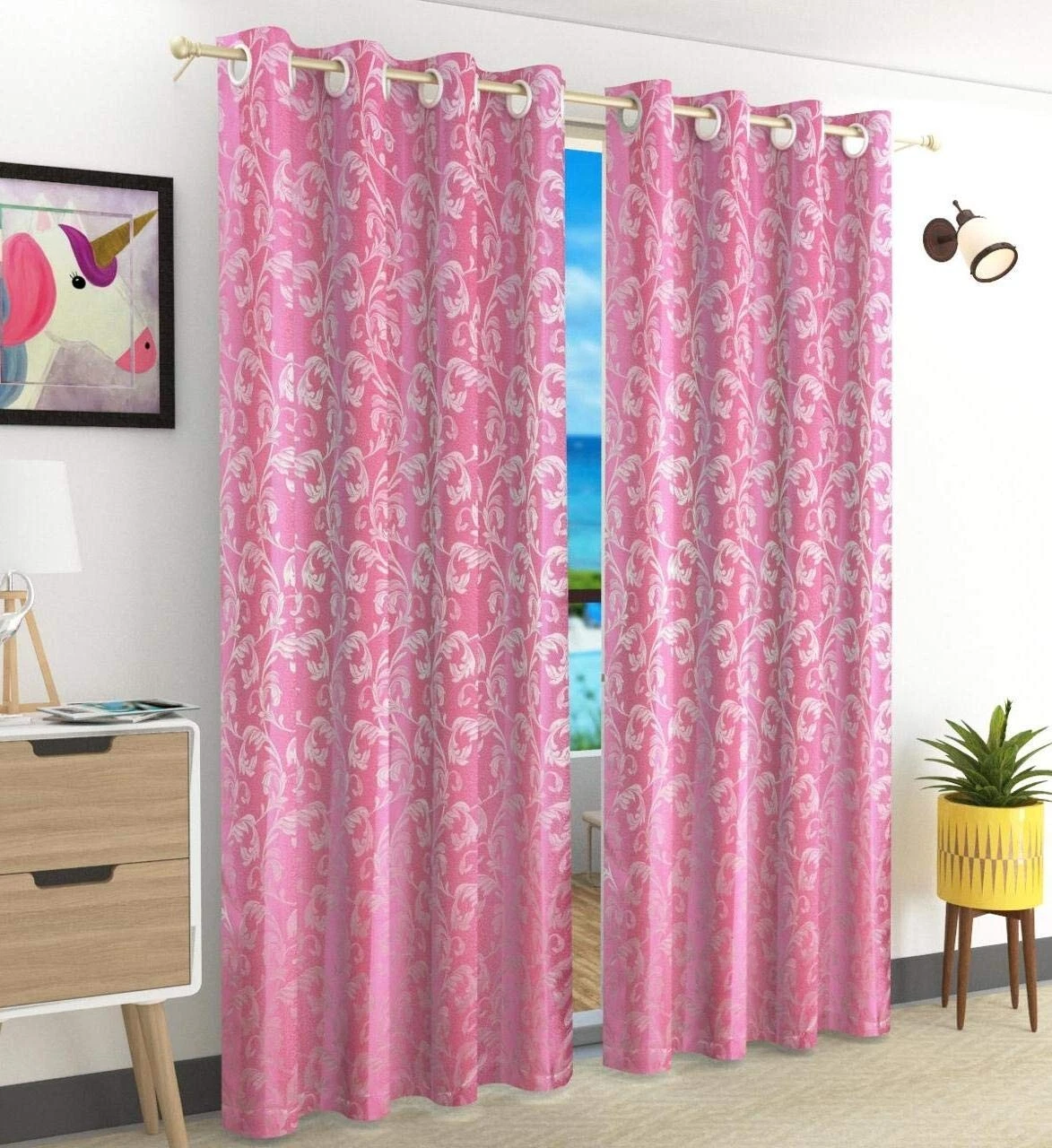 Nuevo Juego De 2 Piezas De Cortinas De Puerta De Poliéster De 9 Pies Rosa