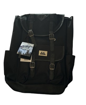 NWT Black Padded Drawstring Buckles Snap Backpack with Vinyl Trim Summit Ridge.