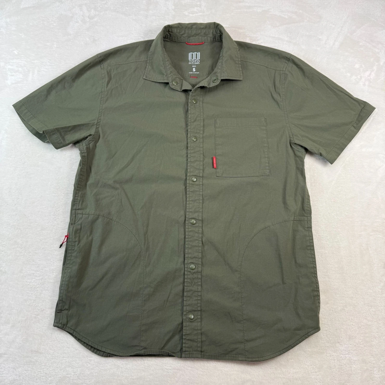 Topo Designs Global Short Sleeve Shirt Olive Green Mens Small Button Down Hiking