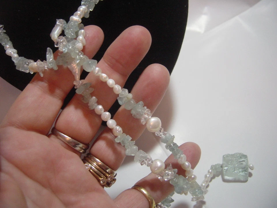 Поделиться винтажный подлинный большой аквамарин и редкий жемчуг ожерелье-46» без застежки» exqui - Изображение 3 из 4