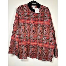 COLDWATER CREEK Tapestry Jacket Size 3X Red Paisley Velvet Collar Bohemian Artsy