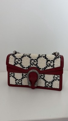 Gucci Small Dionysus Tweed GG Monogram Shoulder Bag Red Leather RARE 