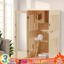 Large Wooden Indoor Cat Enclosure Catio Cage with Ramp and Covered Cat House Kit