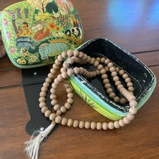 Kashmiri Papier-mâché Keepsake Box Hand-Painted & Mala Beads Handmade - Vintage