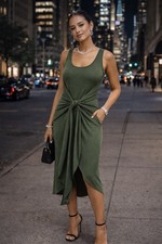 Cider Rib Knot Square Neck Convertable Waist Twist MAXI DRESS Size Medium Green