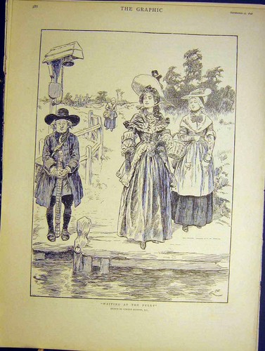 Original Old Antique Print Waiting Ferry Lady Man Passengers River Browne 1898