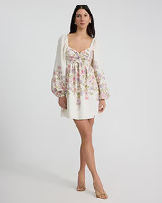 EXPRESS Floral Sweetheart Long Sleeve Tie Open Back Mini Fit and Flare Dress