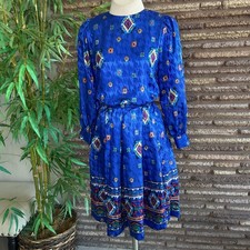 Vintage 80s Blue Geometric Print Modest Outfit Blouse and Skirt Size 4 Petite