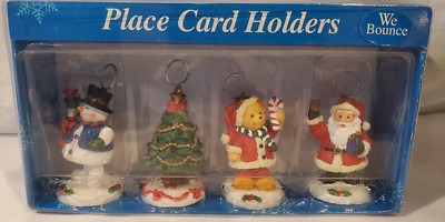 4Pc Set Christmas Place Card Menu Holders Snowman Tree Bear Santa Bobbles Bounce