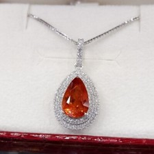 Mandarin Orange Spessartine Garnet Diamond Pendant 18K White Gold AGL Certified