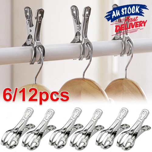 6/12PCS Beach Towel Clips Clothes Pegs Stainless Steel Clamps Pins Set Large