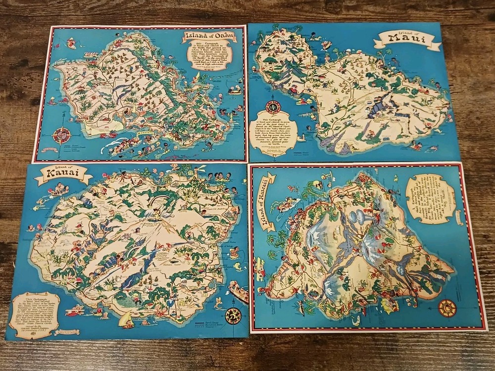 Set of 4 Vintage 1935 Ruth Taylor White Hawaii Map Prints Including Oahu, Kauai, and Maui