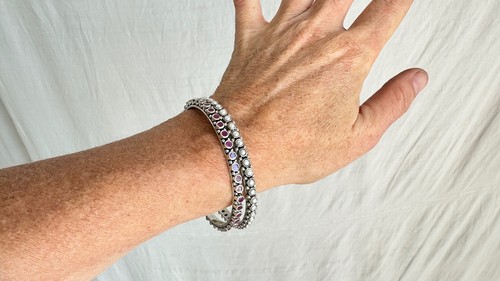 Pearl, Ruby & Sterling Silver Bangles Duo. India. 0893 - Picture 2 of 7