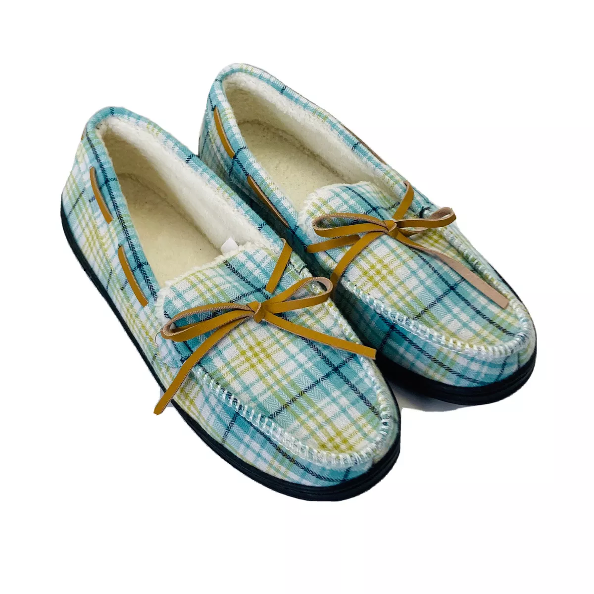 Women s Vegan Suede House Shoes Moccasin Slippers Turquoise Plaid Non skid Sz 8M