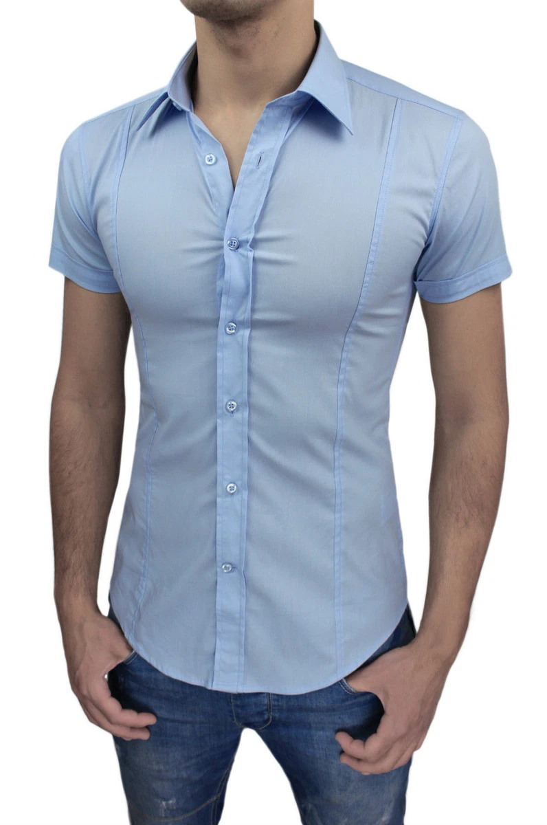 FANTASTICA CAMICIA UOMO CELESTE CASUAL SLIM FIT MANICHE CORTE tag
