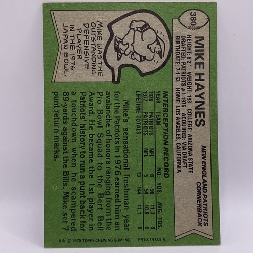 1978 Topps All-Pro Mike Haynes #380 Football Karte New England Patriots EX+/NRMNT - Bild 2 von 2