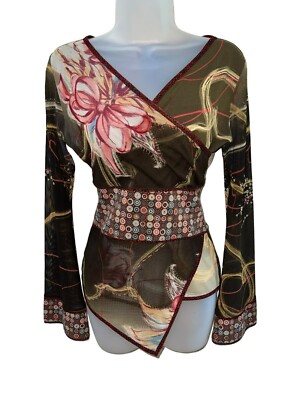 New ANAC Women s 70's Hippie Top Mesh Stretch Floral Colorful Art To Wear Size M
