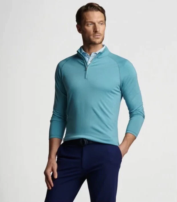 Peter Millar Crown Excursionist Flex Quarter Zip Glass Blue Wool Pullover NWT