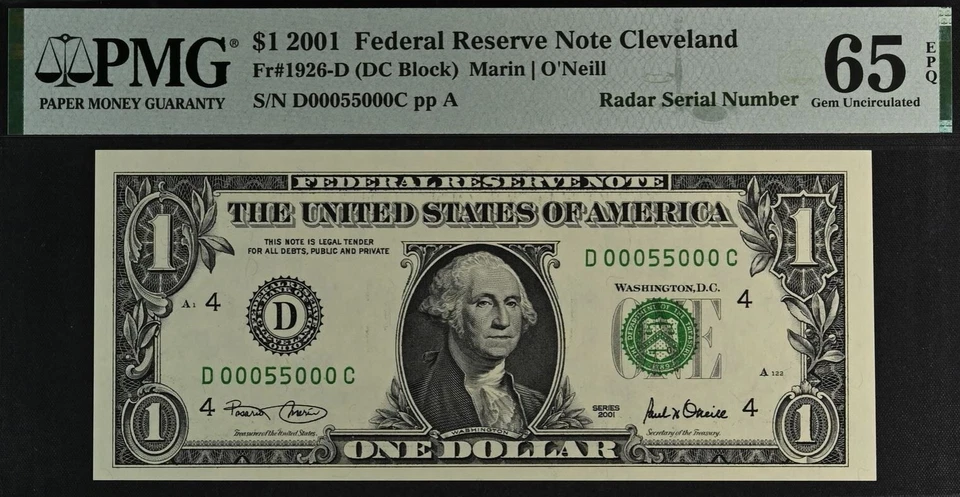 2001 $1 FRN PMG 65EPQ gem birthday super radar serial number 00055000 - Image 2 of 3