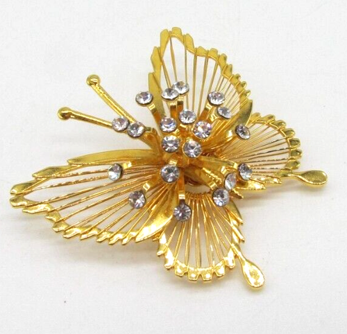 Monet Gold Wire Butterfly Brooch Rhinestone Vintage 1960s Signed Book Piece - Picture 2 of 8