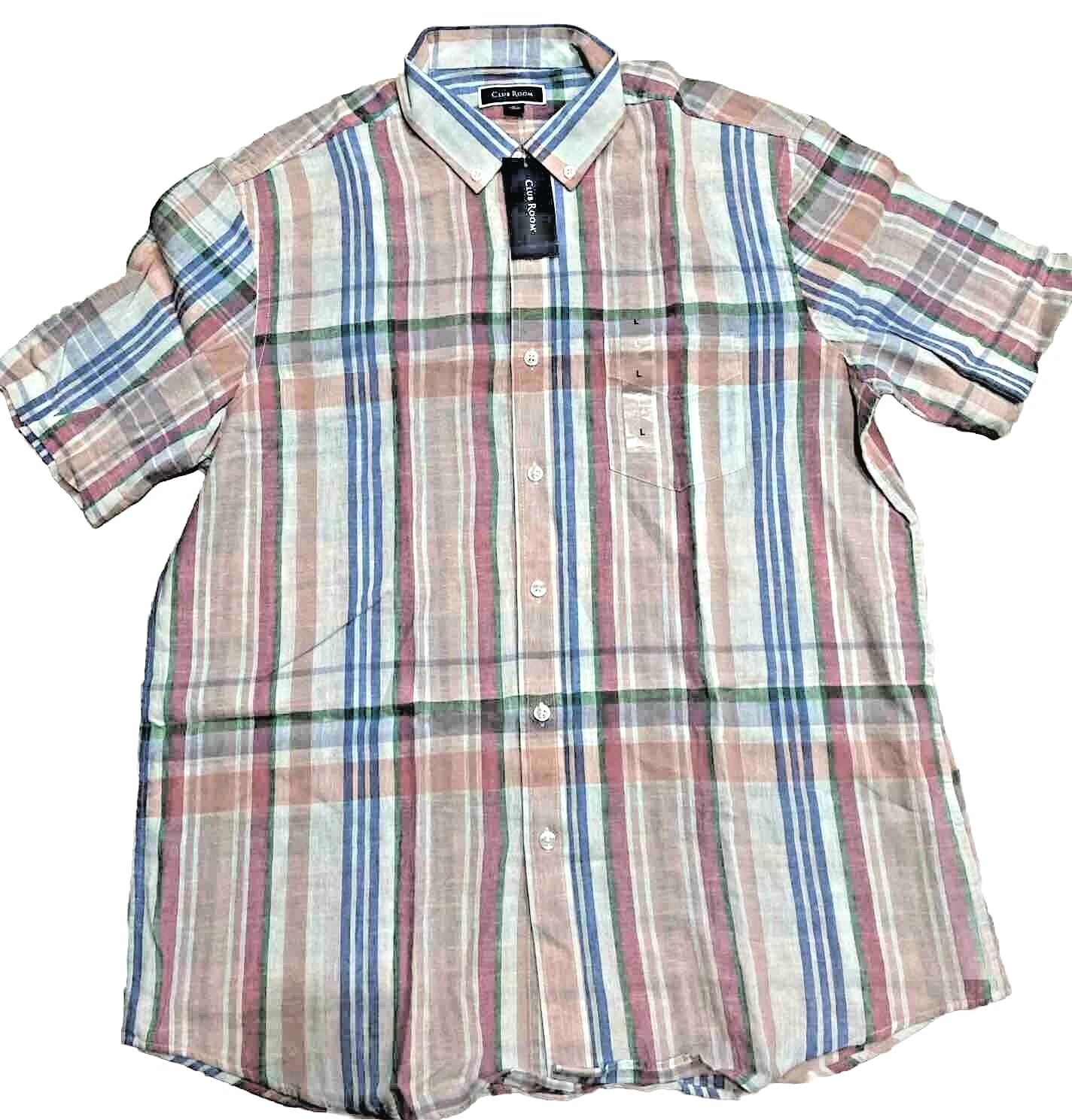 Club Room Men's Short Sleeve Plaid Print Linen Blend Shirt, Multicolor, Sz Large