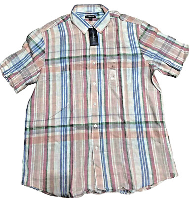 Club Room Men's Short Sleeve Plaid Print Linen Blend Shirt, Multicolor, Sz Large