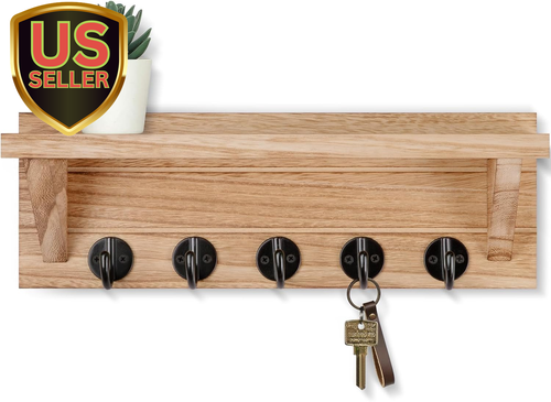 Wall Key Holder with Shelf, Rustic Shelf with Hooks Made of Paulownia Wood Holds