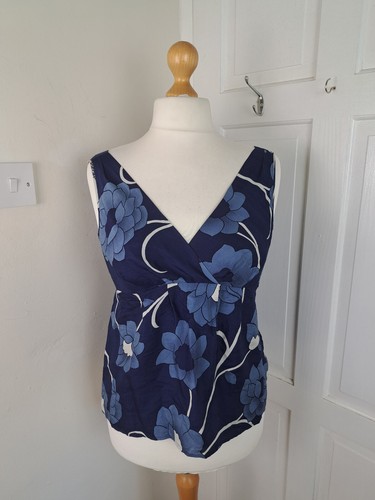 JIGSAW Blue 100% Silk Floral V Neck Top Size 14
