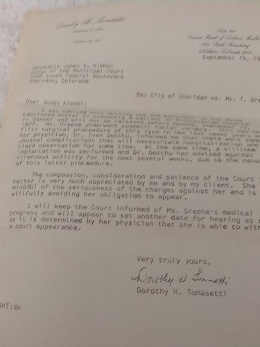 1977 Littleton CO Letterhead Dorothy Tomasetti Attorney SIGNED To Municipal Ct - Picture 3 of 5