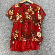 Apt. 9 Blouse Women M Red Floral V-Neck Short Sleeve Lined Pullover