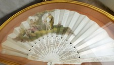 Antique Folding Fan White Silk Satin Cherub Baby Roman Painting Scene Framed
