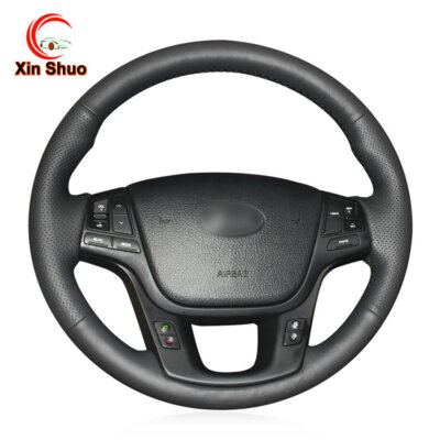 Hand Sew Wrap Black Artificial Leather Steering Wheel Cover for Kia Sorento 2