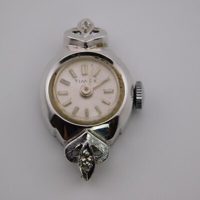 Vintage Timex 2 Diamonds Silver Tone Wind-up Women's Watch Doesn't Keeps Time