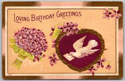 Loving Birthday Greetings 1910 Embossed Postcard Dove Heart Flowers Kansas