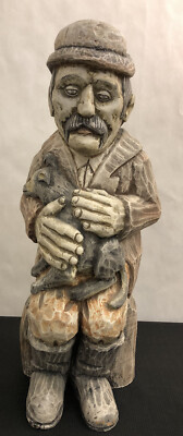 Hand Carved 18  Rustic European Middle Eastern Male with Dog Sculpture