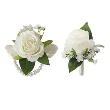 Ivory White Rose Women Wrist Corsage and Men Boutonniere Set