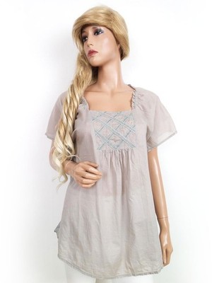 TUSNELDA BLOCH Damen Tunika Bluse Gr. 40 Beige Baumwolle Kurzer Ärmel Einfarbig