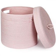 Storage Basket with Lid, Woven Blanket Storage for Living Room, Soft Cotton R...