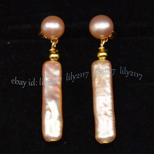Natural Pink Freshwater Long Stick Rectangle Pearl Necklace Bracelet Earring Set - Picture 4 of 18