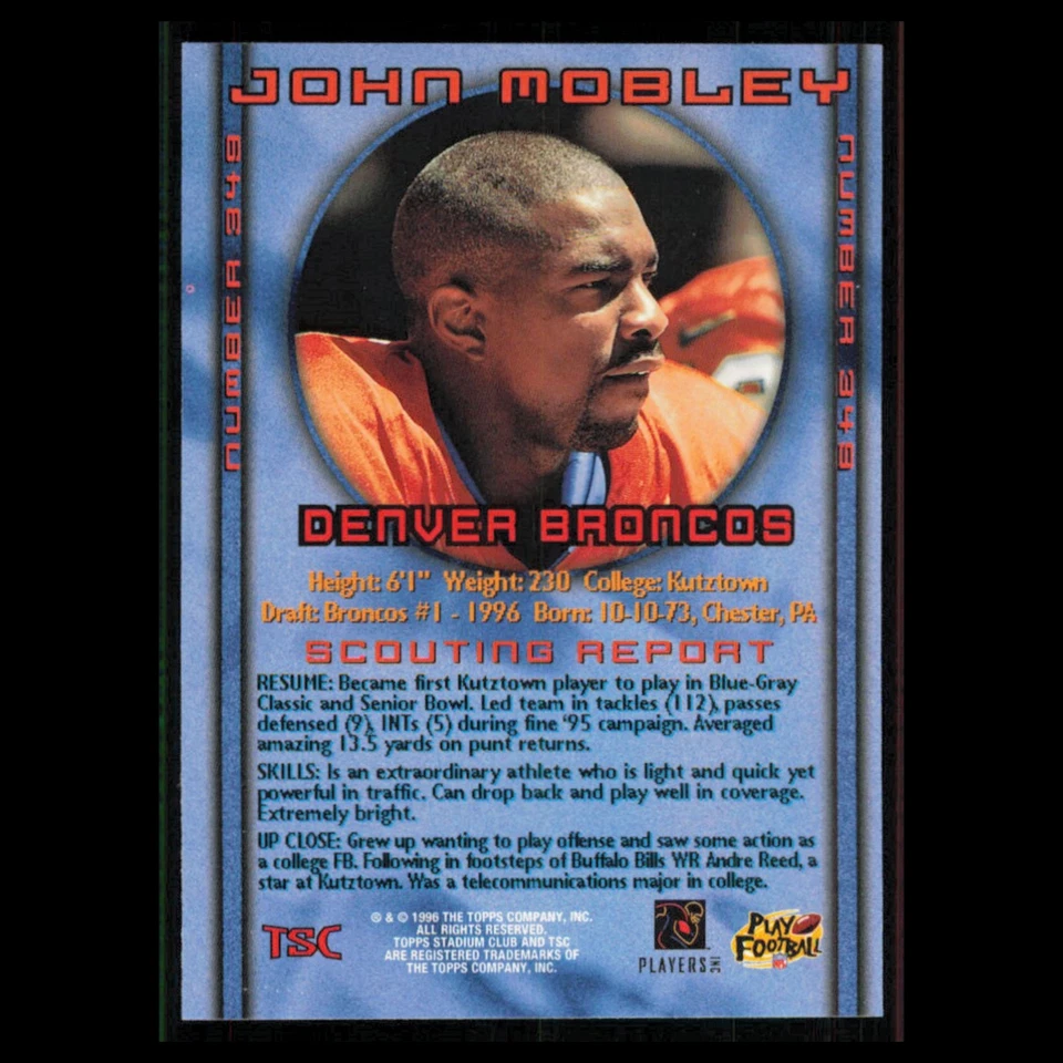 John Mobley Rookie #349 1996 Topps Stadium Club Denver Broncos Football Card NFL - Image 2 of 3