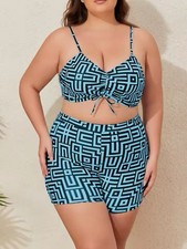 Plus Size 3Piece Womens Geometric Print Bikini Set With Long Sheer Cover-Up 1 XL
