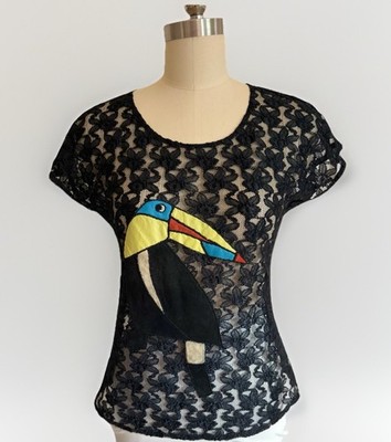 Matthew Williamson Black Lace Toucan Appliqué Sheer Blouse UK 10