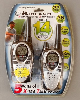 Midland Walkie Talkies (2) GXT500 2 Way Radios X-Tra Talk Vibrating Alert
