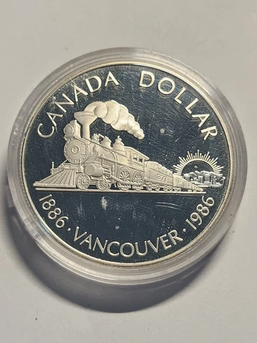 Canada Silver Dollar Coin, 1986 Vancouver Train Coin, DCAM Proof .500 Silver
