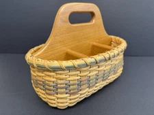 Woven Wicker / Oak Basket Silverware Utensil Napkin Holder Caddy Tote