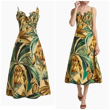 FARM RIO Bananart 3D Flowered Midi Bodice Dress 100% Linen Size Large Yellow NWT