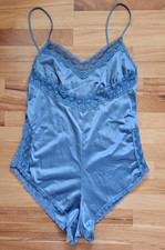 Vtg 80s Teddy Romper Lingerie Lace Nylon Cheeky Shorts One Piece Cobalt Small
