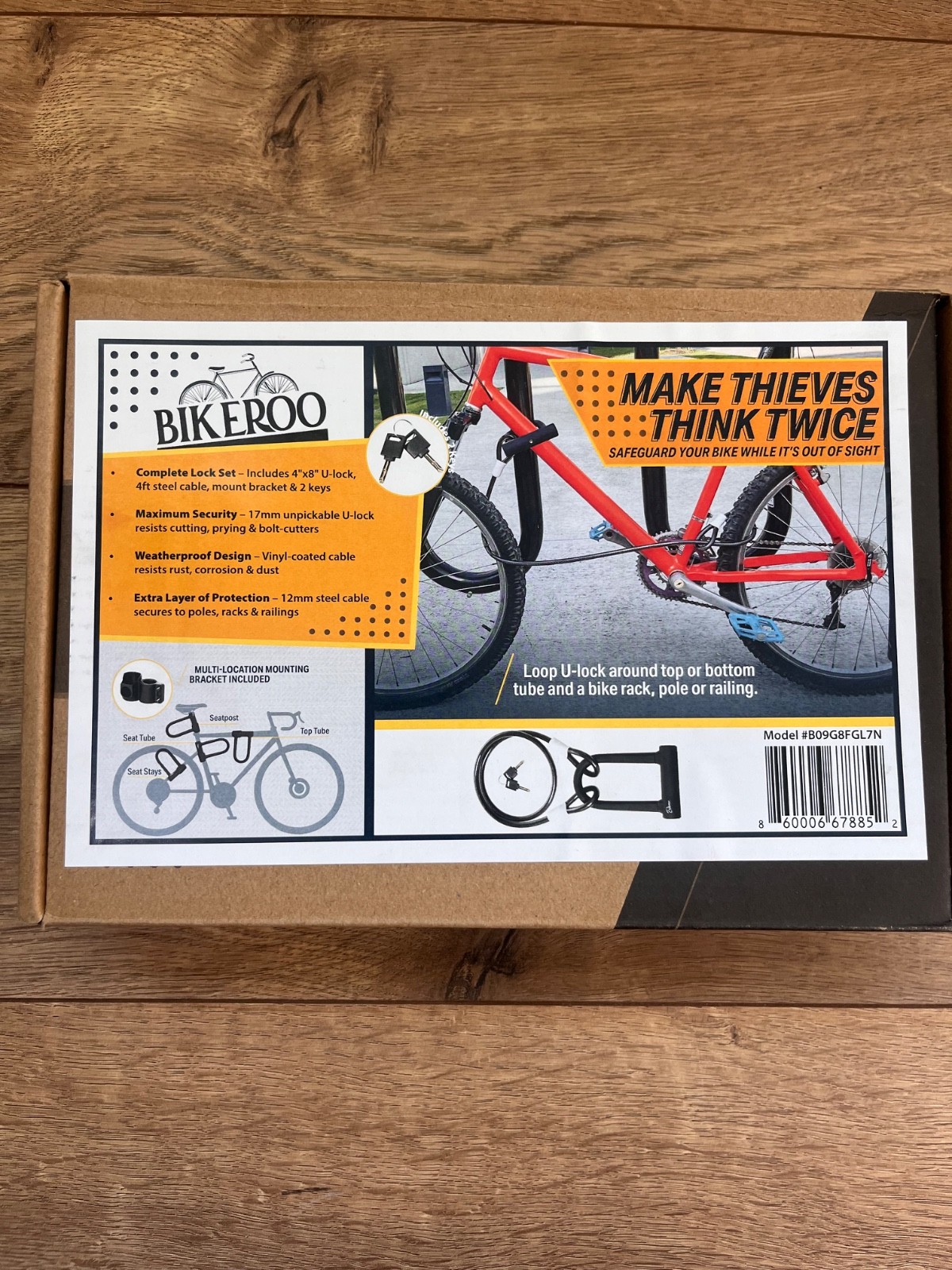 Bikeroo Bike Lock Set with U-Lock, Steel Cable, Mount, and Keys, Weatherproof